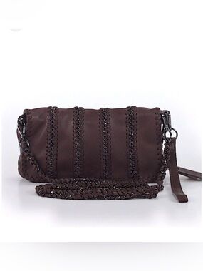NWT $275 Linea Pelle Soft Brown Leather Whipstitch Chain Crossbody Bag Wristlet